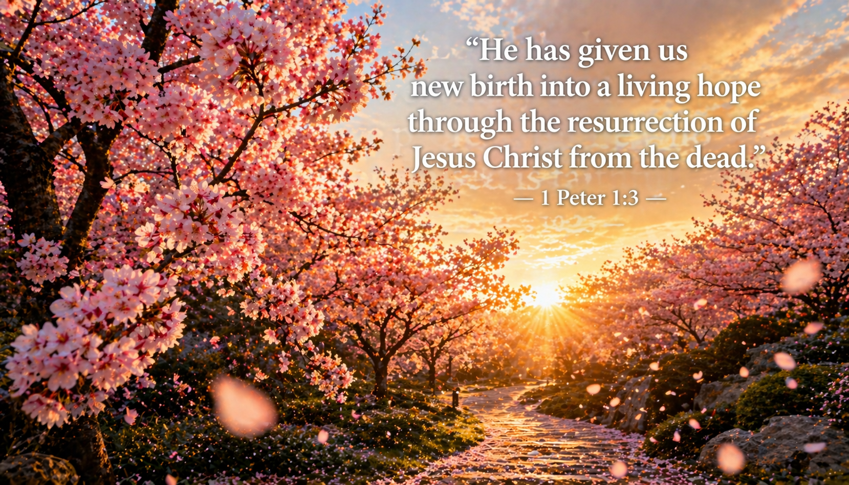 Cherry blossom trees full bloom at sunrise pink petals drifting path winding into warm golden light -- 1 Peter 1:3 living hope wallpaper